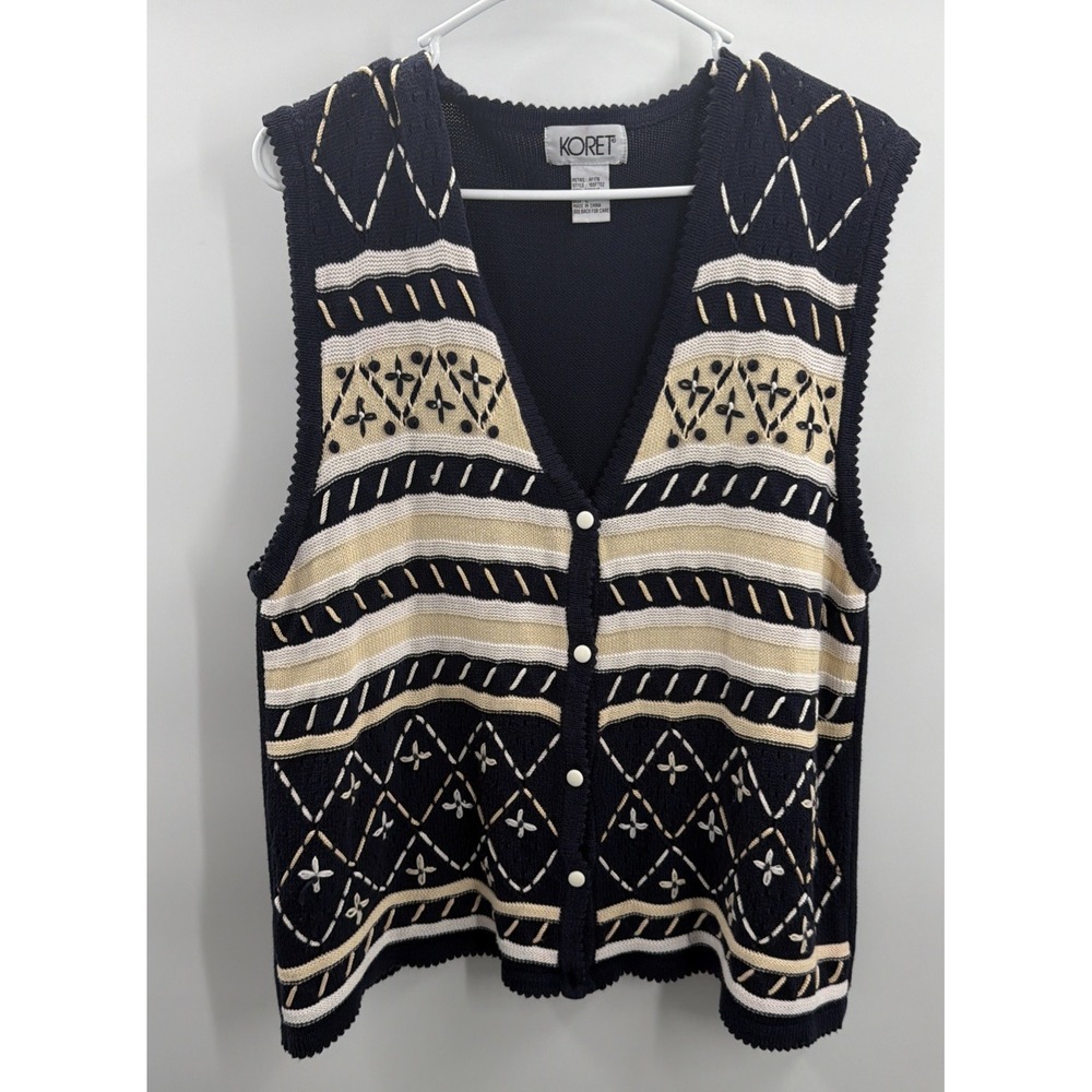 VTG Koret Sweater‎ Vest L Grannny Knit Blue V Neck 90s Embroidered Casual Button